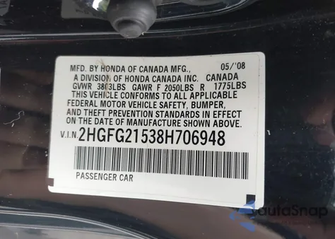 2008 Honda Civic Si из США, поврежденный, VIN 2HGFG21538H706948